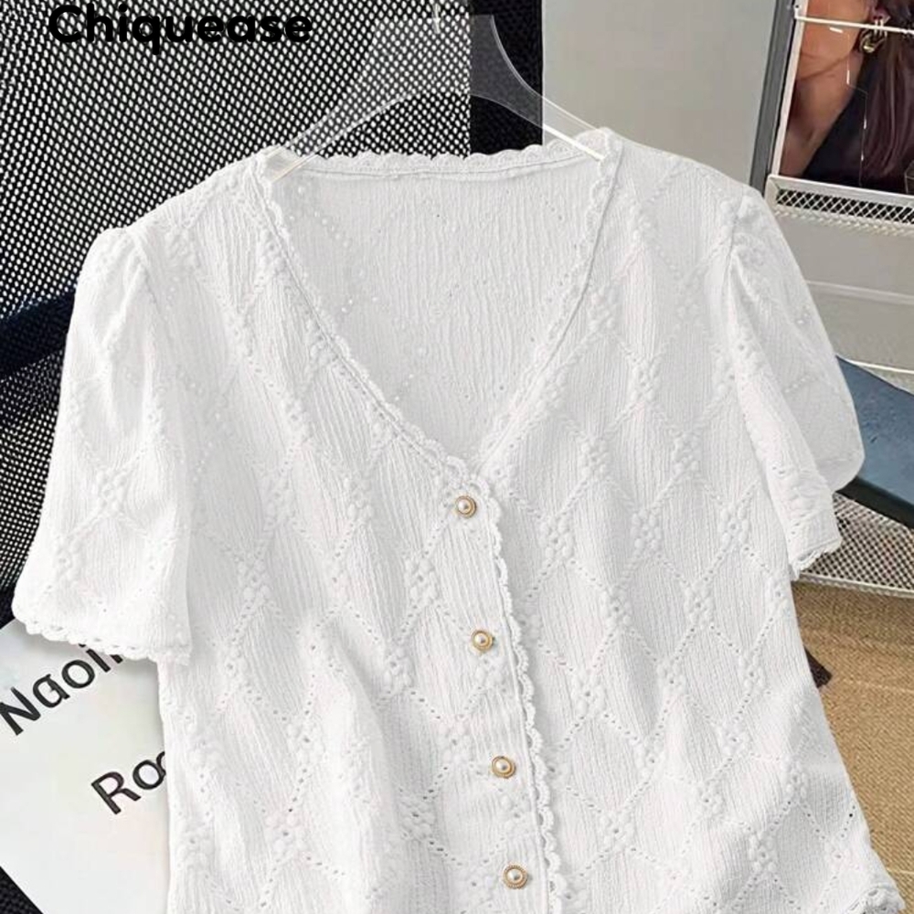 SHEIN White Textured Button-Up Blouse